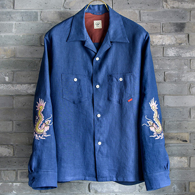 GERUGA GR-S-136A OPEN COLLAR SHIRTS JAPAN-LINEN FUNNY DRAGON DARK-BLUE